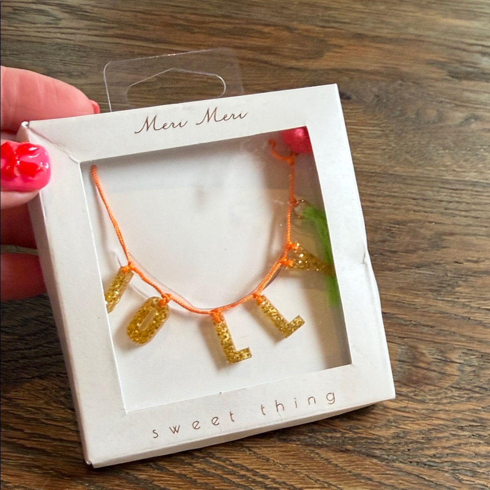 Meri Meri Gold Glitter JOLLY Necklace with Orange String, Tassel & Pom Pom